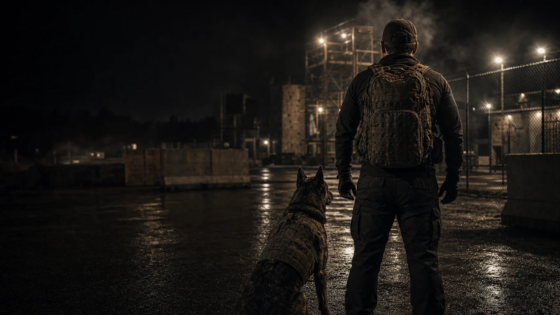 Rucker and working dog in a night training yard
