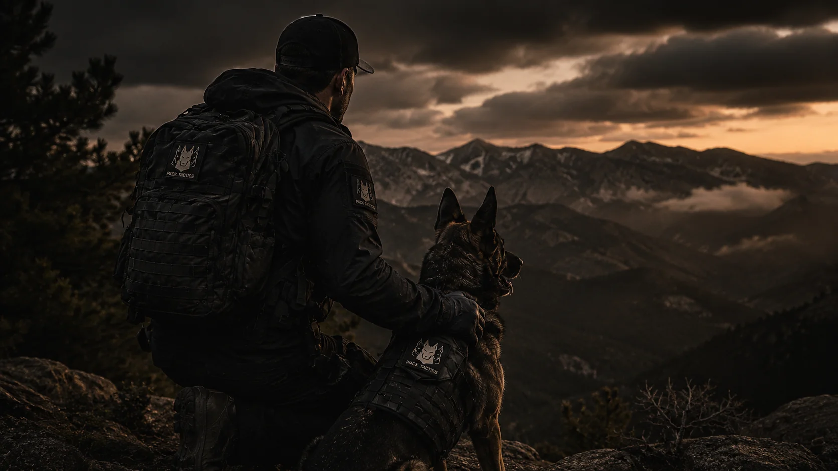 Handler kneeling with K9 partner at a mountain ridge, sunset light